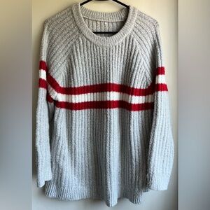 Oversized Gray Sweater with Red and White Stripes
